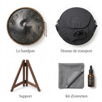 Handpan Mandala — Ré mineur (D Kurd) — ce qui est inclus : housse, support, kit d'entretien