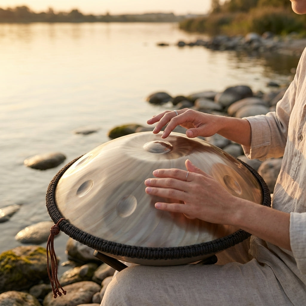 Handpan Mandala — Ré mineur (D Kurd) joué au coucher du soleil au bord de l'eau
