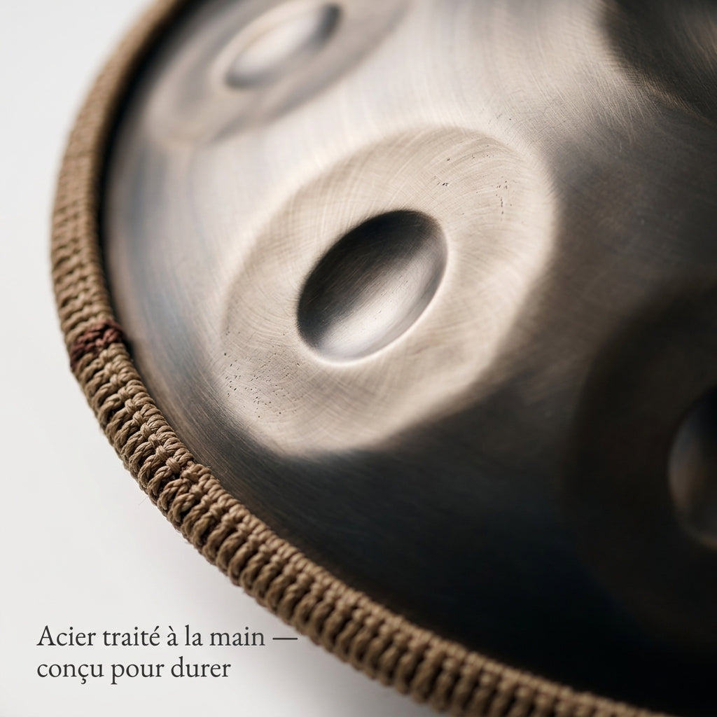 Acier traité à la main du Handpan Mandala — Ré mineur (D Kurd) — conçu pour durer