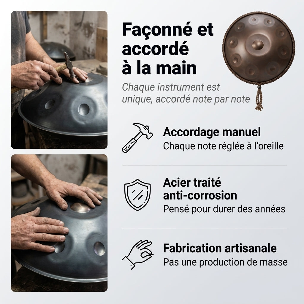 Handpan Orion — Ré mineur (D Kurd) façonné et accordé à la main par nos artisans