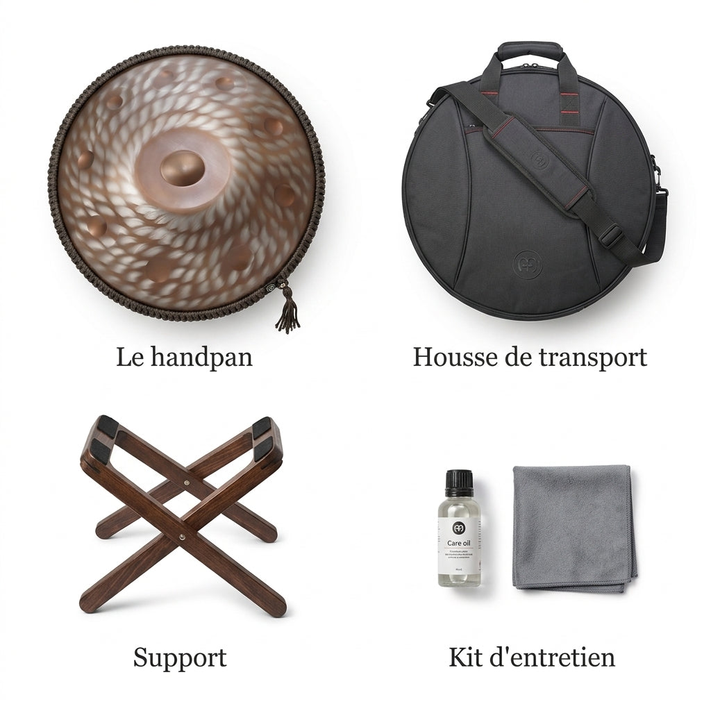 Handpan Orion — Ré mineur (D Kurd) — ce qui est inclus : housse, support, kit d'entretien