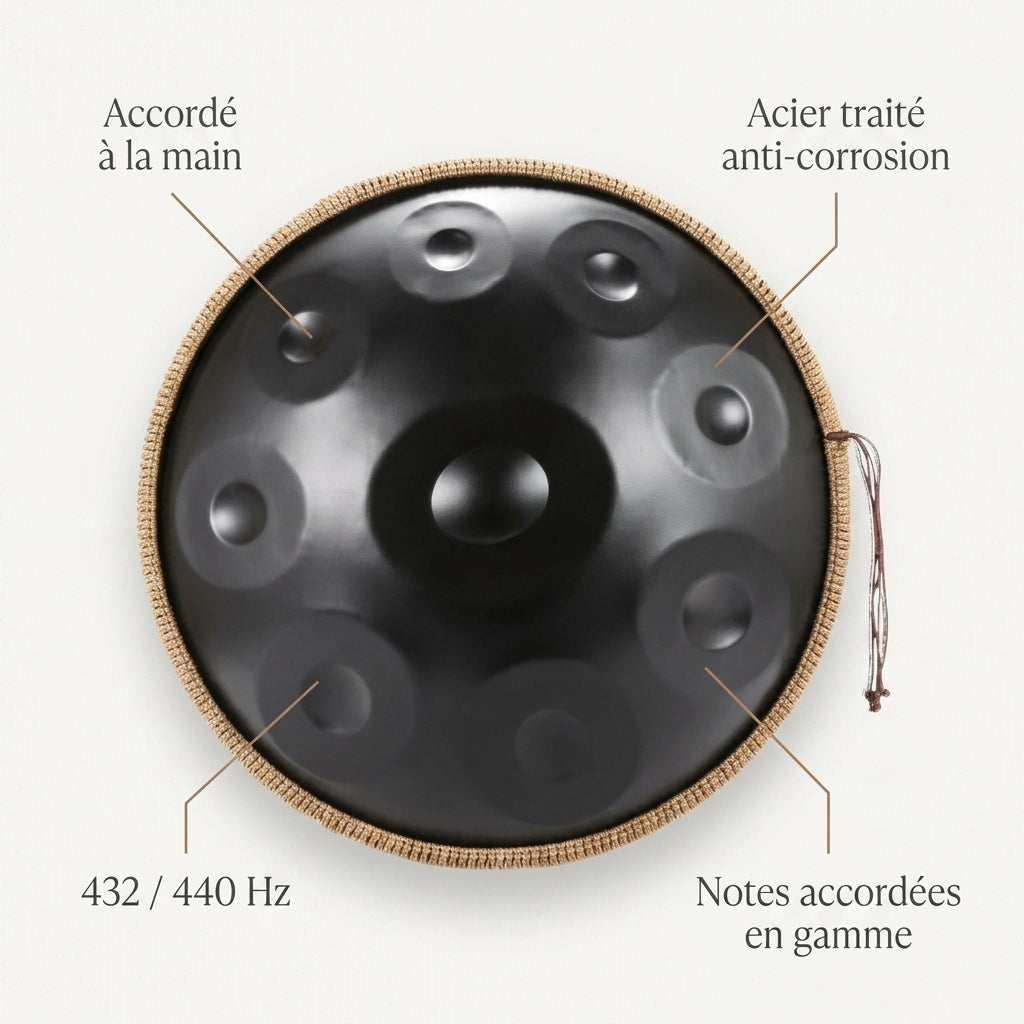 Handpan Vagues Célestes — Ré mineur (D Kurd) — accordé à la main, acier traité, 432/440 Hz