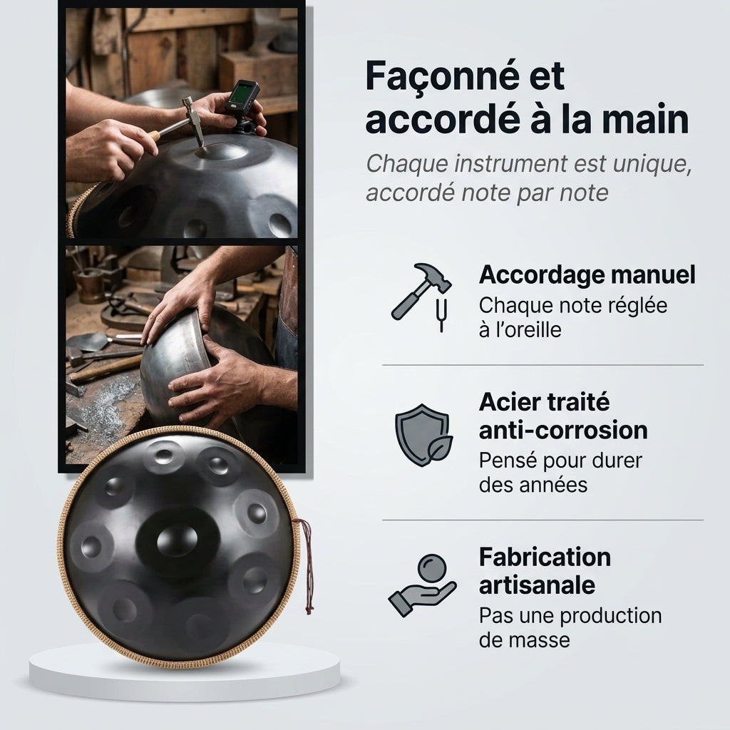Handpan Vagues Célestes — Ré mineur (D Kurd) façonné et accordé à la main par nos artisans