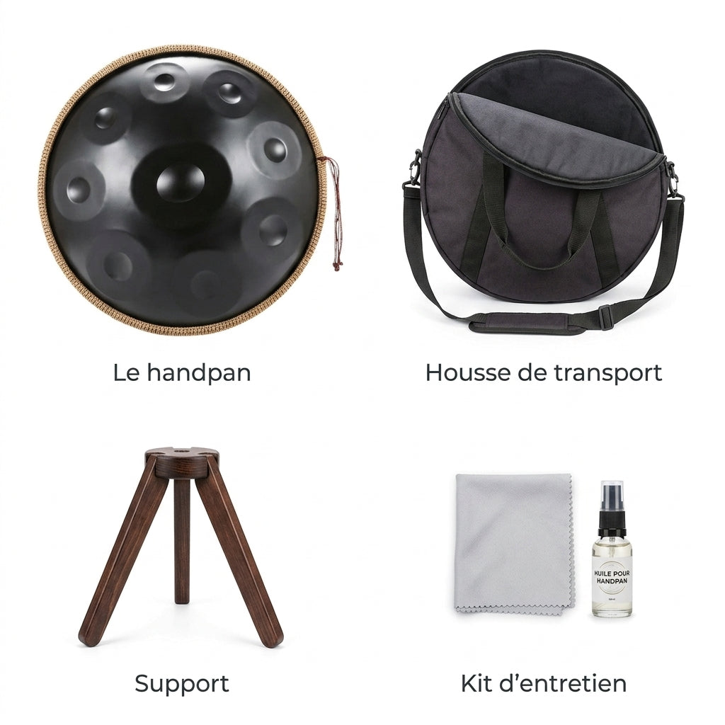 Handpan Vagues Célestes — Ré mineur (D Kurd) — ce qui est inclus : housse, support, kit d'entretien