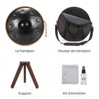 Handpan Vagues Célestes — Ré mineur (D Kurd) — ce qui est inclus : housse, support, kit d'entretien