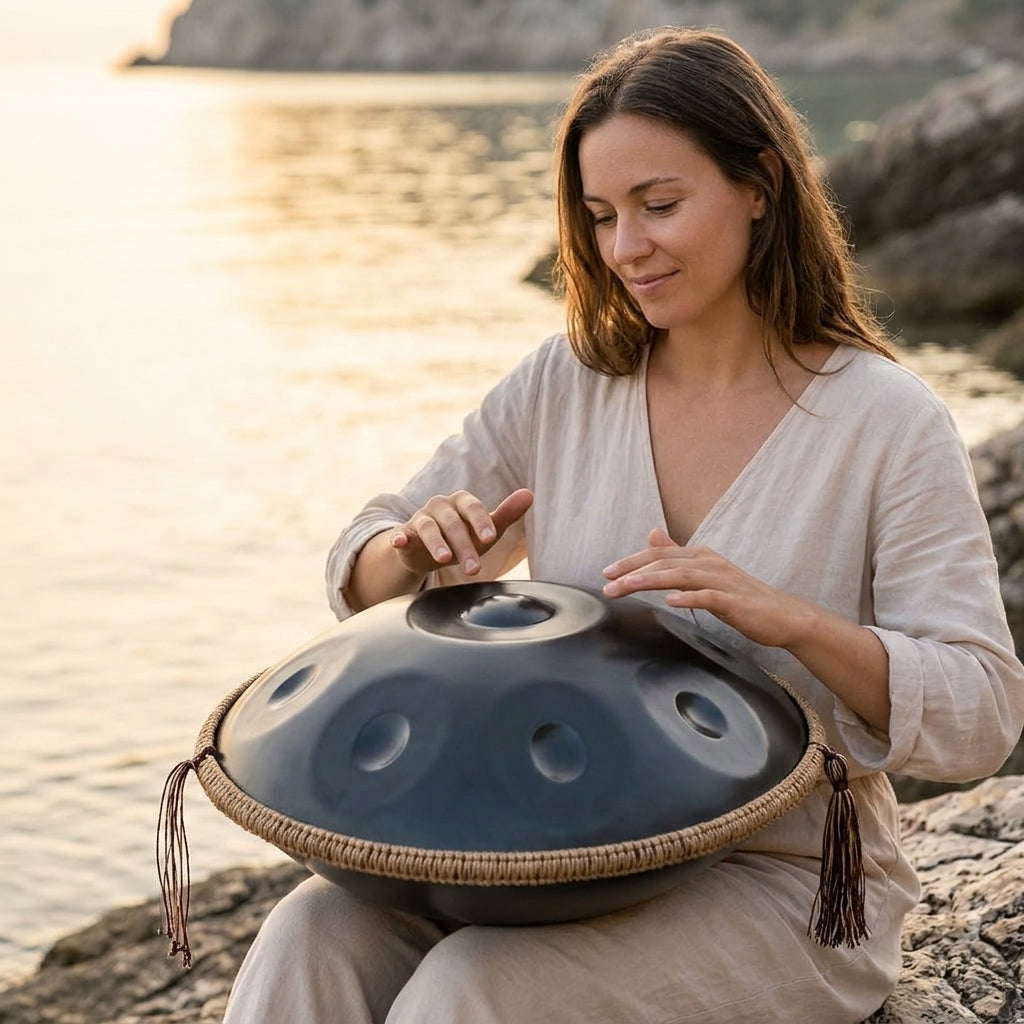 Handpan Vagues Célestes — Ré mineur (D Kurd) joué au coucher du soleil au bord de l'eau