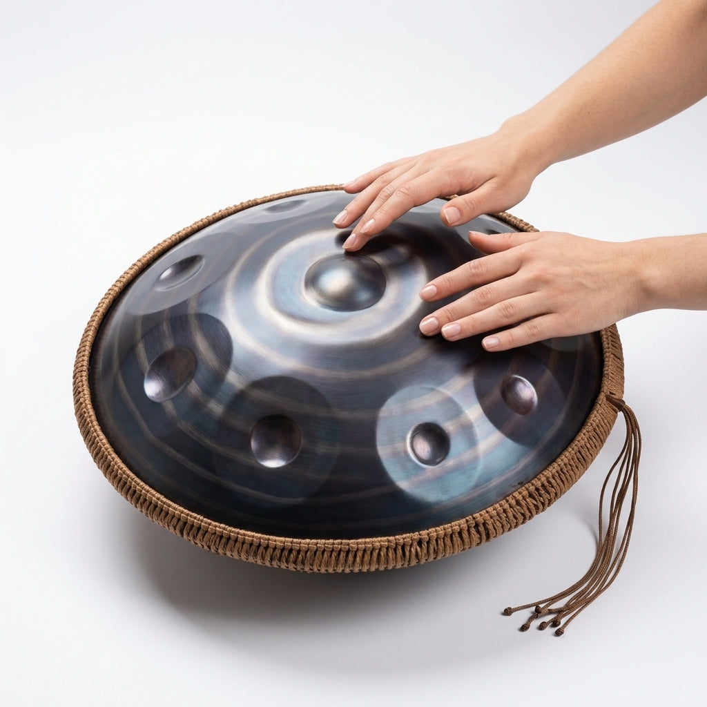 Handpan Voyage Intérieur — Ré mineur (D Kurd) — gros plan, prêt à jouer