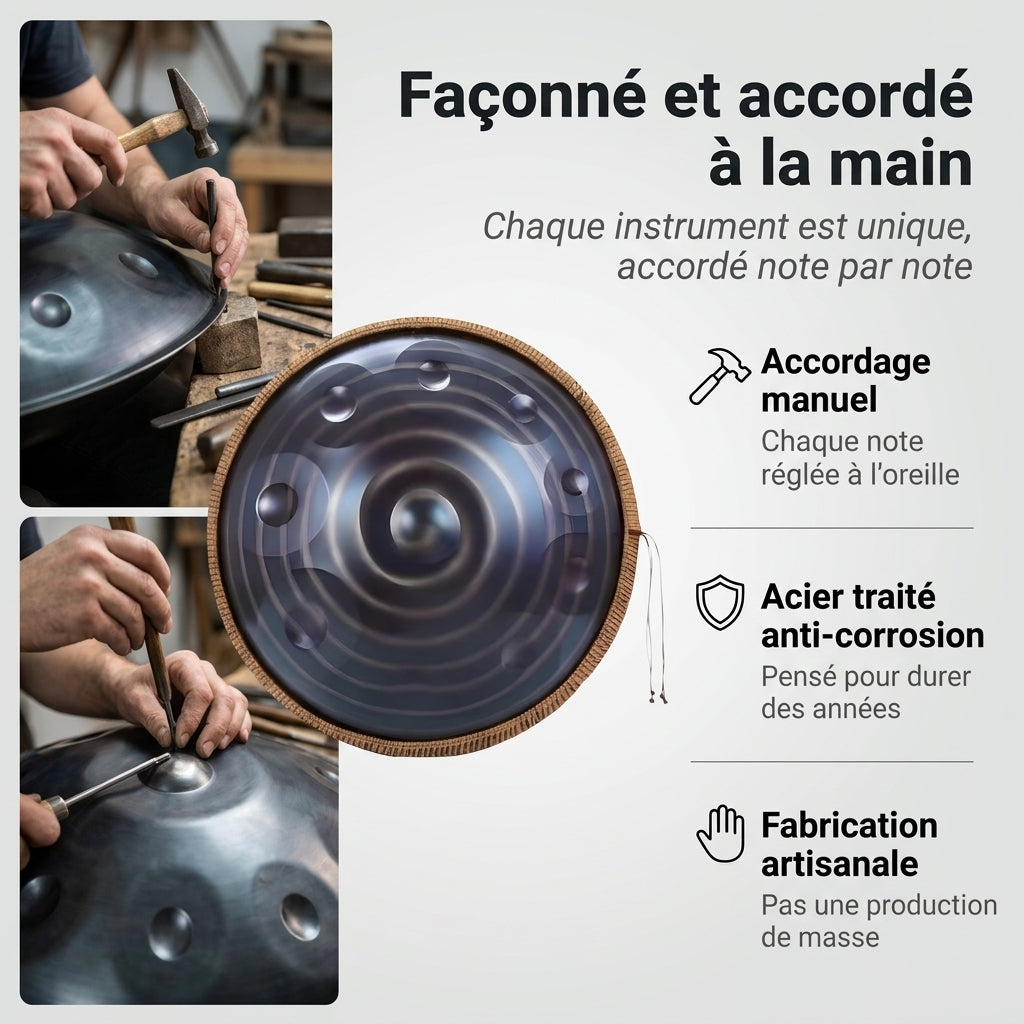 Handpan Voyage Intérieur — Ré mineur (D Kurd) façonné et accordé à la main par nos artisans