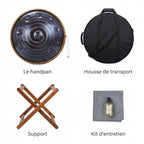 Handpan Voyage Intérieur — Ré mineur (D Kurd) — ce qui est inclus : housse, support, kit d'entretien
