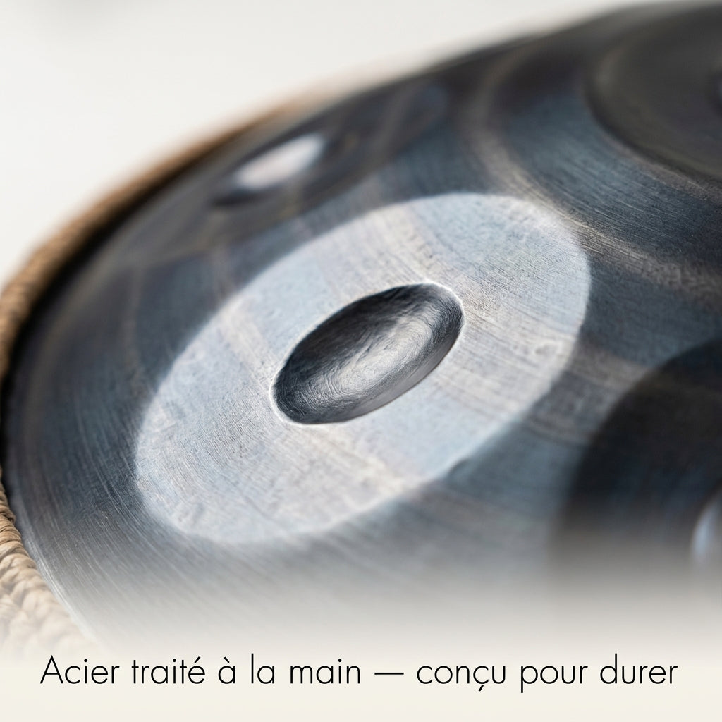 Acier traité à la main du Handpan Voyage Intérieur — Ré mineur (D Kurd) — conçu pour durer