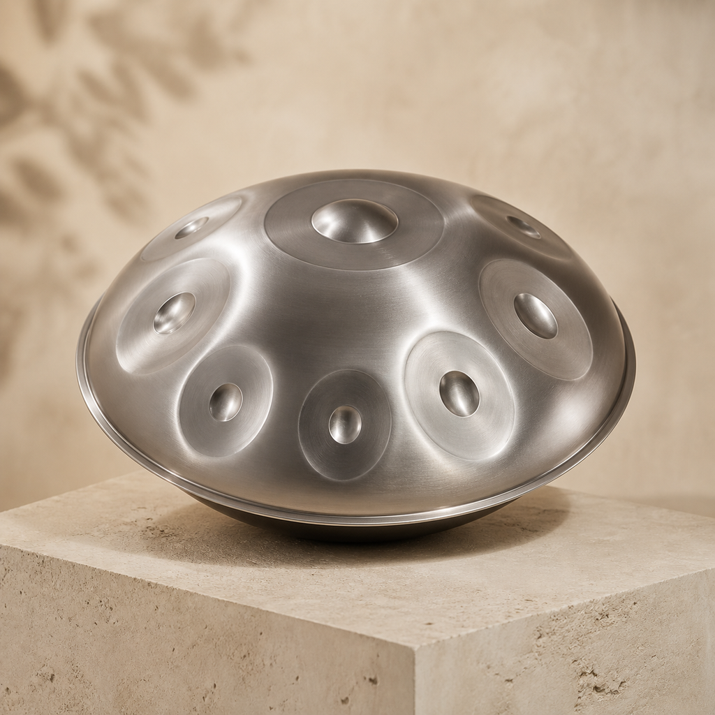 Handpan MANDALA argent — vue principale originale générée pour Résonance Handpan