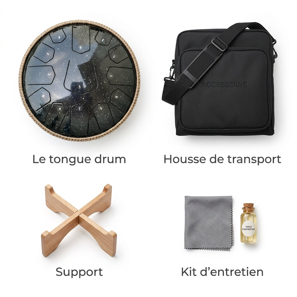 Tongue Drum Ciel Étoilé — ce qui est inclus : housse, support, kit d'entretien