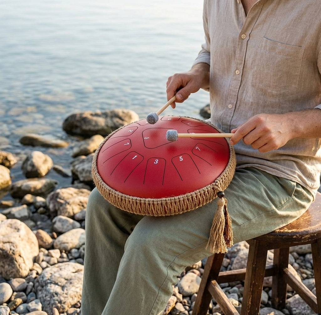 Tongue Drum Éclat Nomade joué au coucher du soleil au bord de l'eau