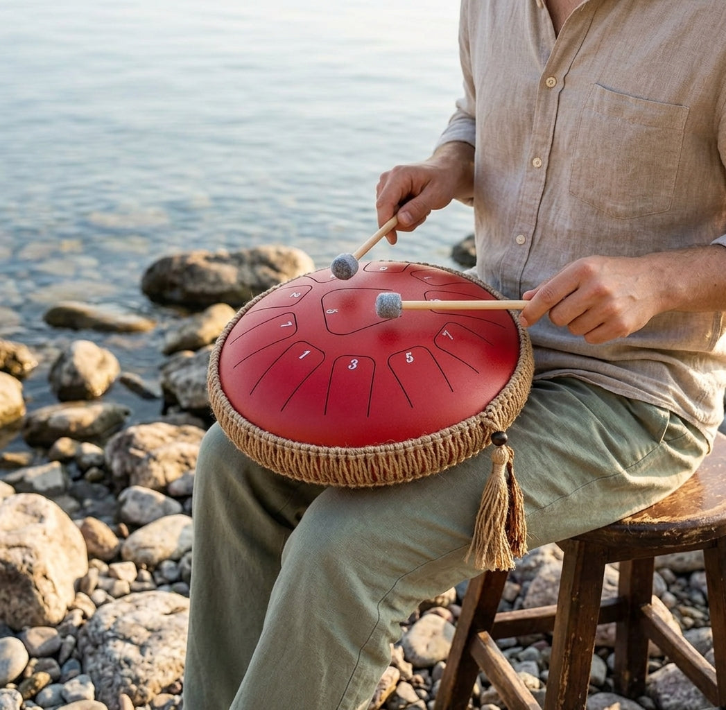 Tongue Drum Éclat Nomade joué au coucher du soleil au bord de l'eau