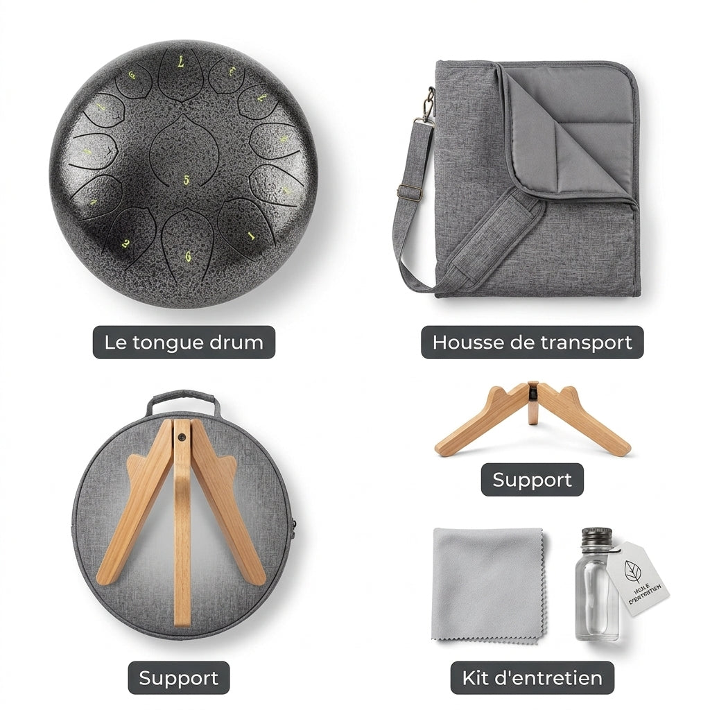 Tongue Drum Horizon Infini — ce qui est inclus : housse, support, kit d'entretien