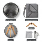 Tongue Drum Horizon Infini — ce qui est inclus : housse, support, kit d'entretien