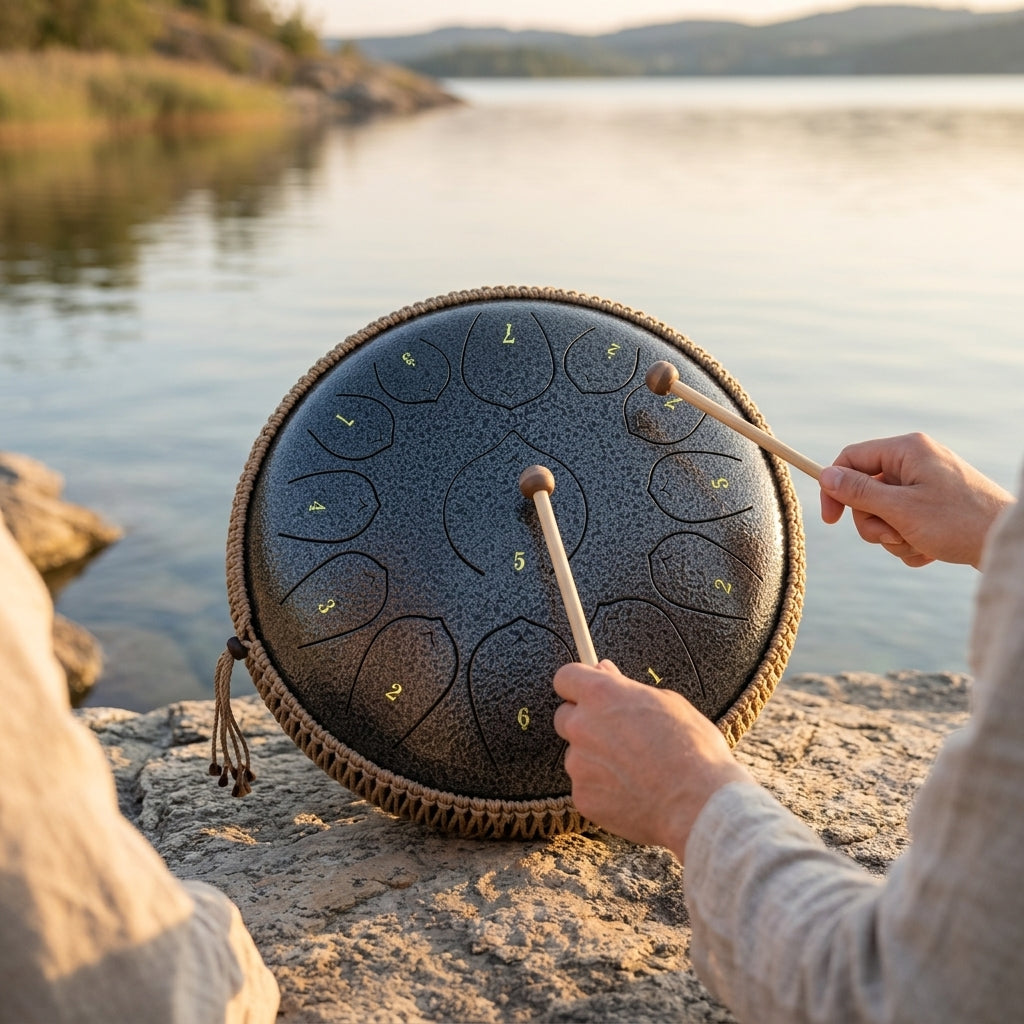 Tongue Drum Horizon Infini joué au coucher du soleil au bord de l'eau