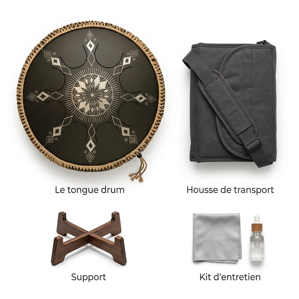Tongue Drum Lunar — ce qui est inclus : housse, support, kit d'entretien
