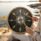Tongue Drum Lunar joué au coucher du soleil au bord de l'eau