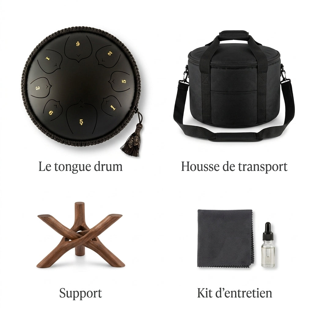 Tongue Drum Océan Serein — ce qui est inclus : housse, support, kit d'entretien