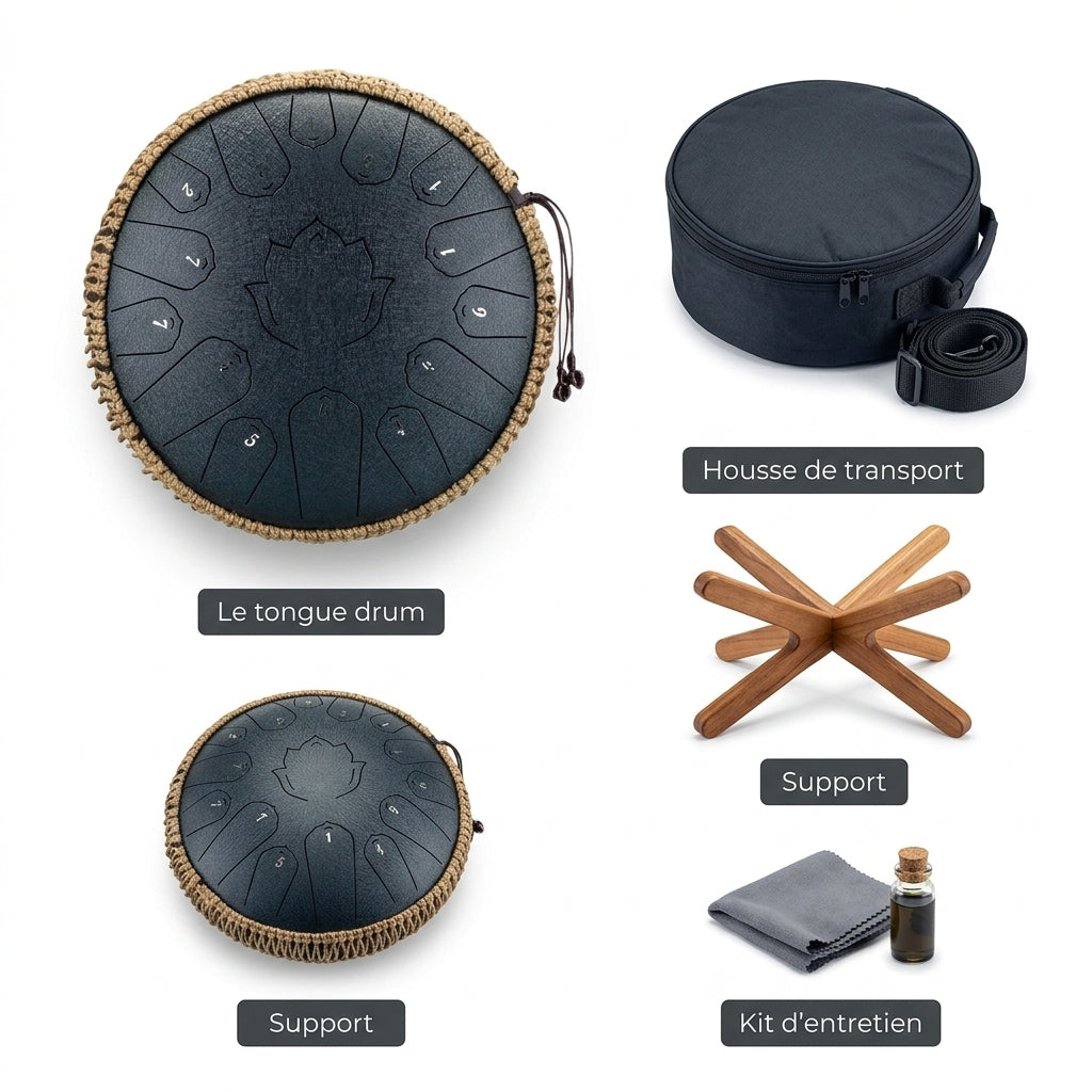 Tongue Drum Rêve Éthéré — ce qui est inclus : housse, support, kit d'entretien