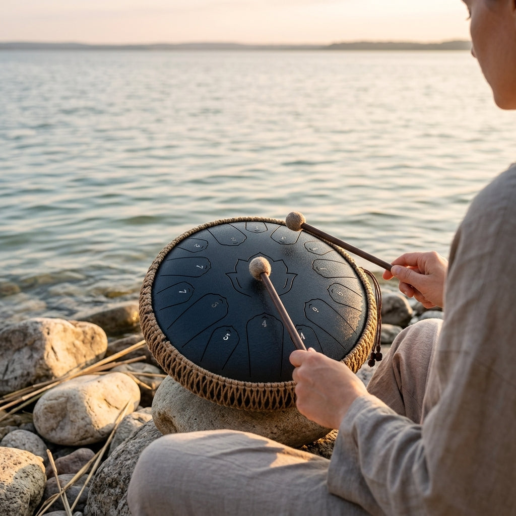 Tongue Drum Rêve Éthéré joué au coucher du soleil au bord de l'eau