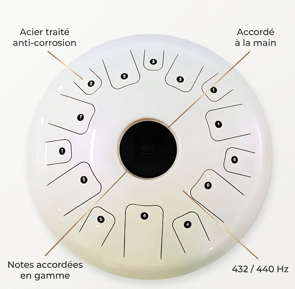Tongue Drum Zenara — accordé à la main, acier traité, 432/440 Hz