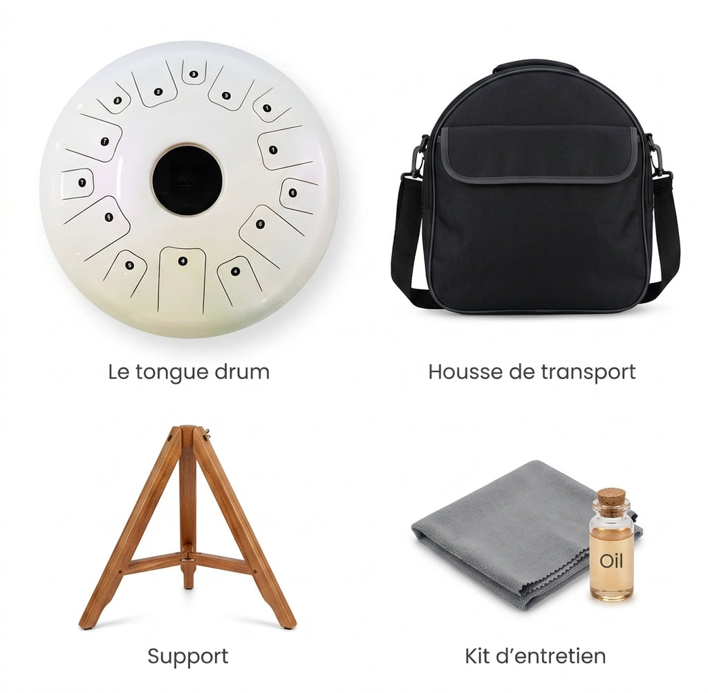 Tongue Drum Zenara — ce qui est inclus : housse, support, kit d'entretien