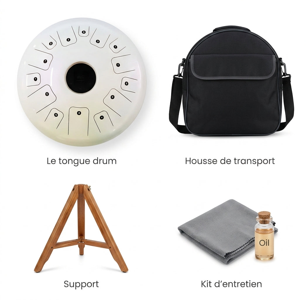 Tongue Drum Zenara — ce qui est inclus : housse, support, kit d'entretien