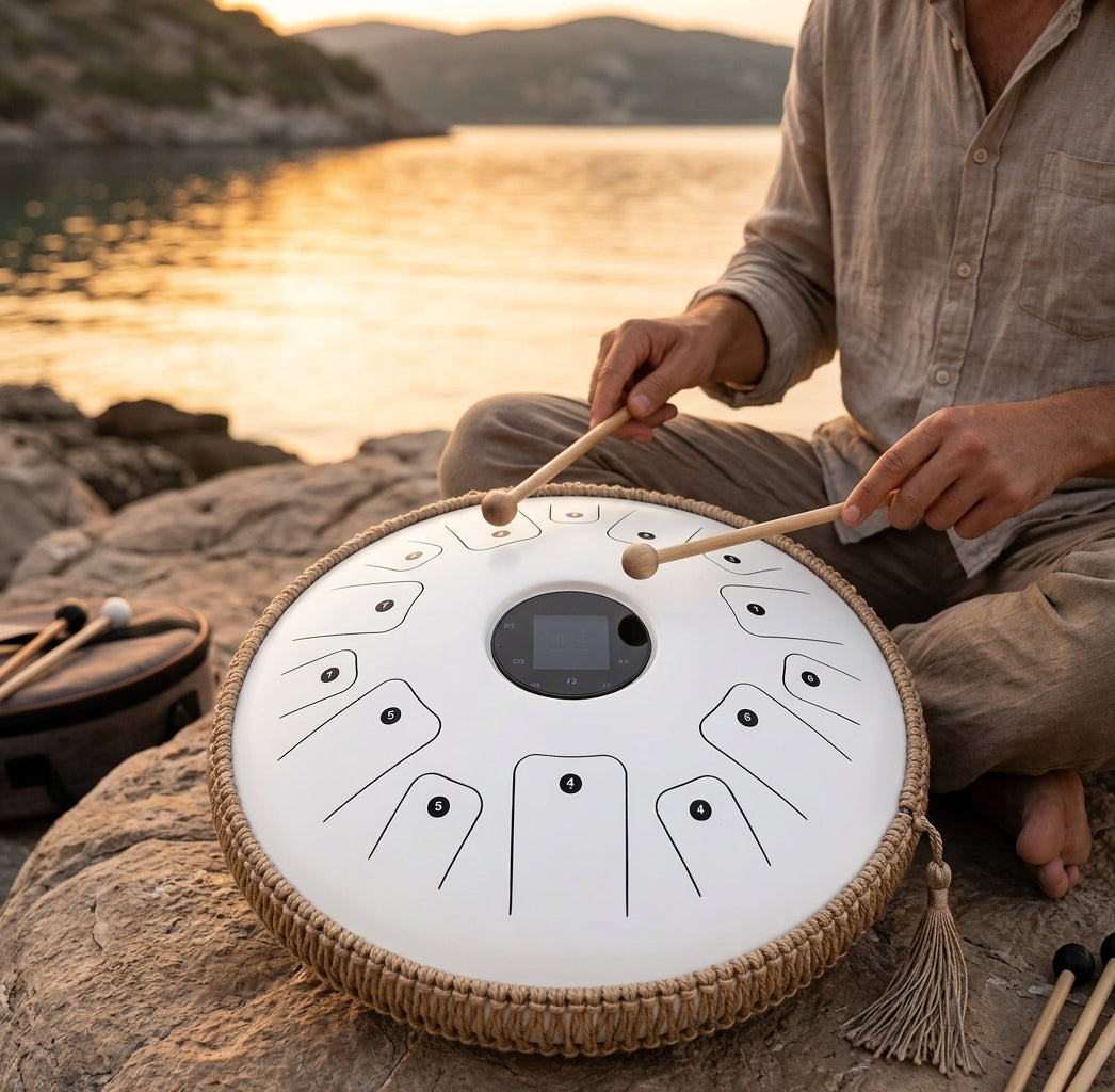 Tongue Drum Zenara joué au coucher du soleil au bord de l'eau